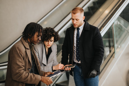 Three people colleagues in smart attire discussing over a tablet while standing on an escalator in a...