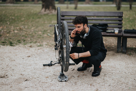 Focused businessman taking a break with his bicycle in the parkの写真素材