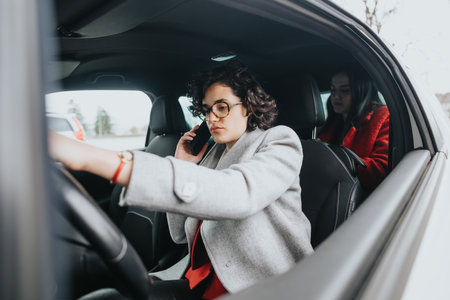 Business women partners traveling and working in a car, engaged in a serious phone conversationの写真素材