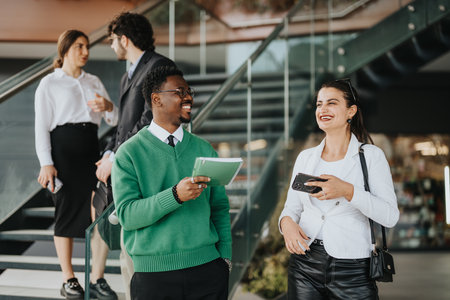 Multicultural business team discussing strategy on office stepsの写真素材