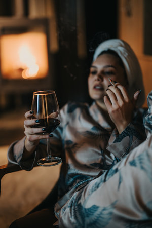 Relaxed woman enjoying a glass of wine by the fireplaceの写真素材