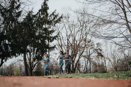 Group of women jogging together in a park, active lifestyle and fitnessの写真素材