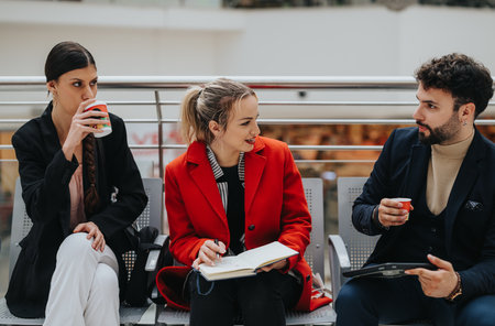Young professionals engaged in a casual business meeting outdoors with coffee