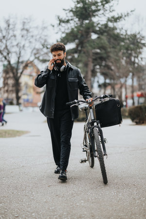 Stylish businessman with bicycle talking on phone in urban setting