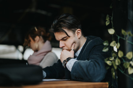 Thoughtful young businessman contemplating while sitting in a cafeの写真素材