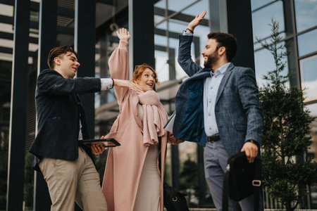 Business colleagues celebrating success outside modern officeの写真素材