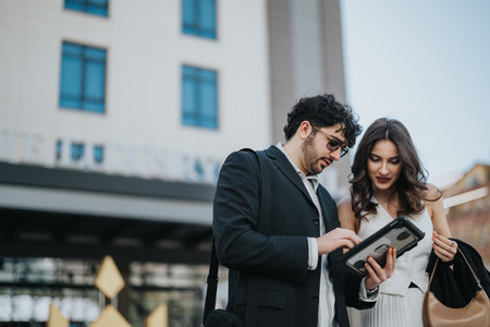 Business partners discussing data on a tablet during an outdoor meeting in the cityの写真素材