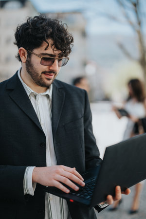 Confident business professional using laptop outdoors in the city