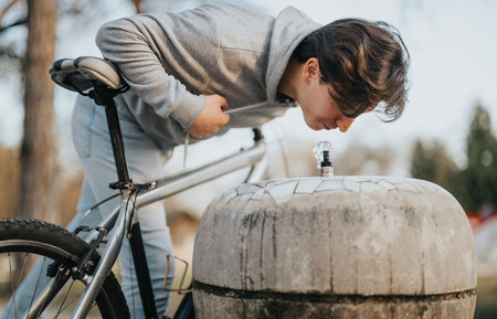 Active man with bicycle stopping for water at a park fountainの写真素材