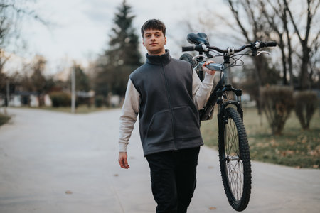 Casual teenage boy with damaged bicycle in a peaceful park setting, looking relaxed.