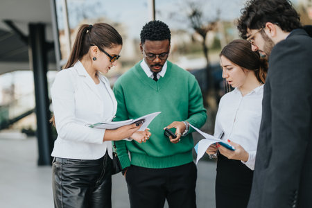 Diverse startup team engaged in an outdoor meeting discussing business strategies