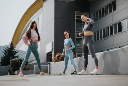 Three young women enjoying a fitness session outdoors in urban settingの写真素材