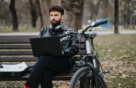 Handsome businessman working on laptop in a city park with bicycle.の写真素材