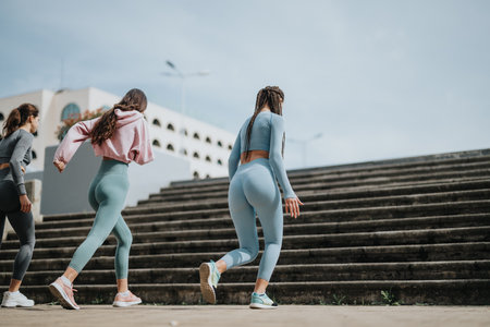 Three women in sportswear ascending stairs during an outdoor fitness sessionの写真素材
