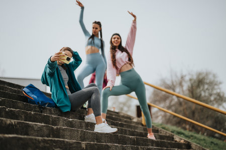 Young women enjoying a break on outdoor stairs, with one taking a selfieの写真素材