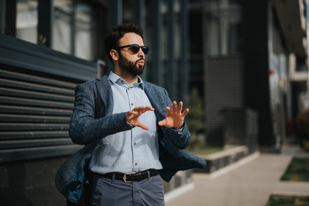 Confident entrepreneur gesturing during a presentation outside the officeの写真素材
