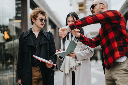 Business colleagues evaluating documents on a city streetの写真素材