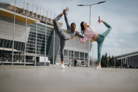 Two women practicing yoga together in an urban outdoor settingの写真素材