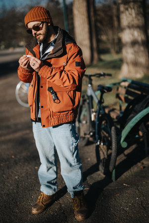 Fashionable hipster man chilling in a park with his bicycle on a sunny day