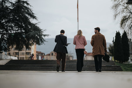 Businesspeople walking outdoors, discussing work in a relaxed environmentの写真素材