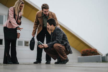 Professional team engaged in a business discussion outdoorsの写真素材