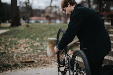 Young businessman fixing bicycle in a park, capturing a moment of urban lifestyle and work-life...