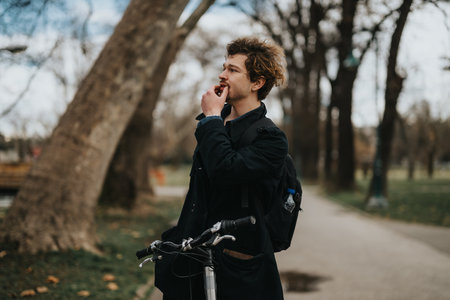 Active man taking a break during a bike ride in a tranquil parkの写真素材