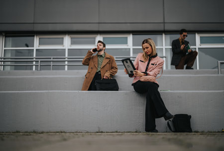 Corporate professionals during a break outdoors with digital devicesの写真素材