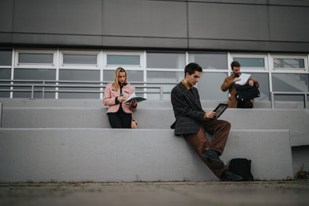 Businesspeople working outdoors on tablets and documentsの写真素材