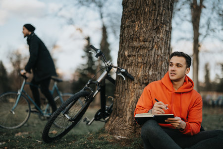 Young man with notebook enjoying a peaceful moment in the parkの写真素材