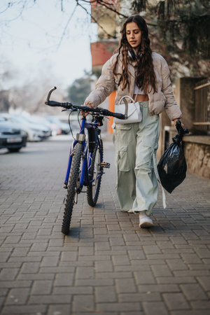 Urban lifestyle concept. Young woman with bicycle and shopping bags.