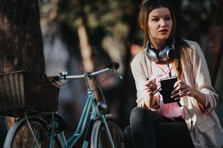 Young woman enjoying music on her smart phone with headphones in the park with a vintage bicycleの写真素材