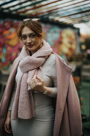 Confident entrepreneur outdoors in trendy attire with a focused gazeの写真素材