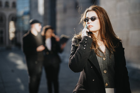 Dynamic young businesswoman talking on phone in urban setting, colleagues in background.の写真素材
