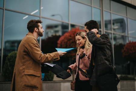Business professionals engaging outdoors near modern office buildingの写真素材