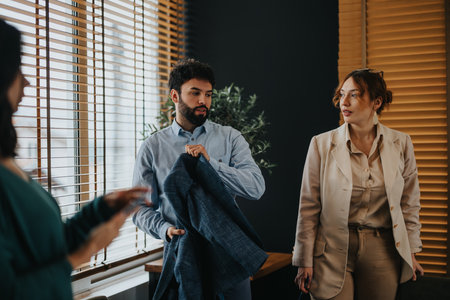 Focused business team in discussion during a meeting in a modern officeの写真素材