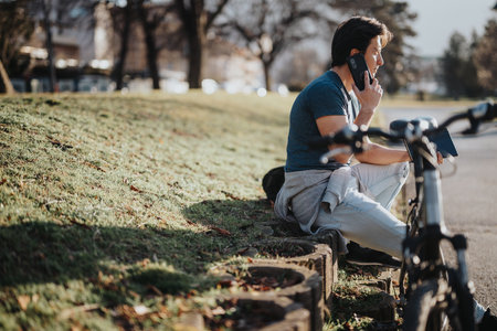 Man talking on phone while resting with bicycle in a sunny parkの写真素材
