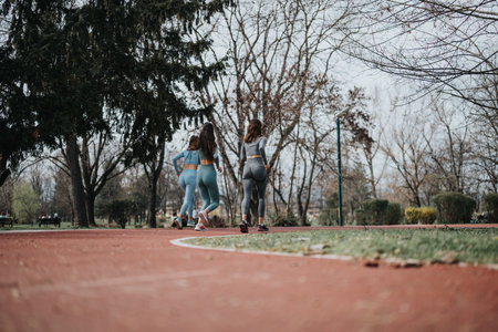 Two friends jogging together on a park track in the morningの写真素材
