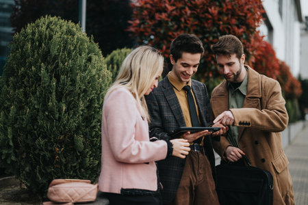 Business colleagues working on a tablet outdoors with an urban backdropの写真素材