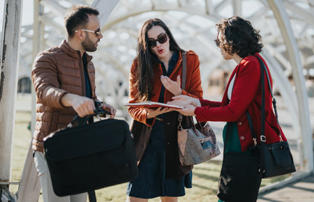 Business colleagues in discussion outdoors analyzing documents for strategic planning and market growthの写真素材