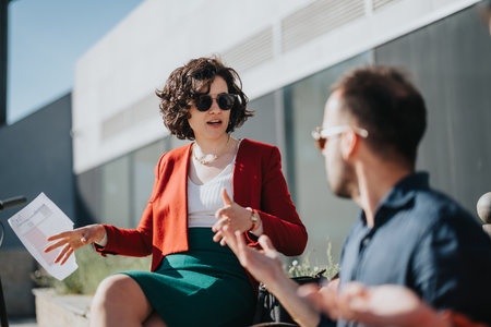 Young entrepreneurs discussing strategies in an urban settingの写真素材