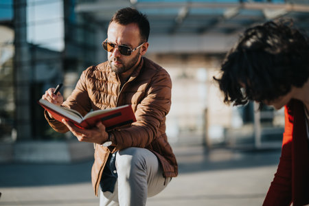 Young entrepreneurs discussing strategy for business growth in urban settingの写真素材