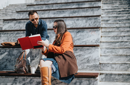 Business professionals engaged in an outdoor meeting on city stairsの写真素材