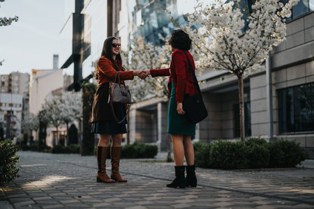 Young businesswomen shaking hands in outdoor city setting, discussing future plansの写真素材