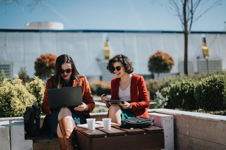 Professional women in an outdoor business meeting using technologyの写真素材