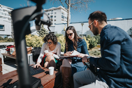 Business colleagues collaborating on a project outdoors