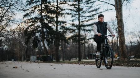 Teenage boy enjoying a bike ride in a peaceful park settingの写真素材