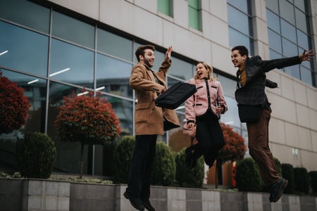 Excited young business people celebrating success outside modern office buildingの写真素材