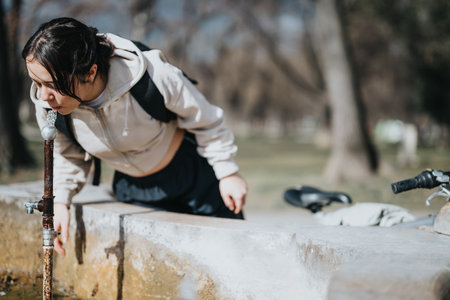Woman pausing for a drink of water at a park faucet during a bike rideの写真素材