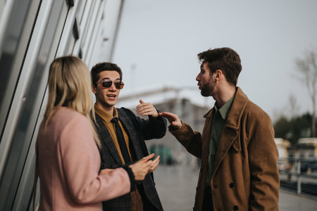 Young professionals engaged in a lively outdoor business discussion about marketing strategiesの写真素材